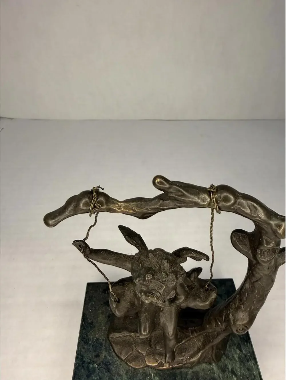 Auguste Moreau Bronze Cherub on Swing Sculpture – Green Marble Base, Signed - Picture 3 of 8